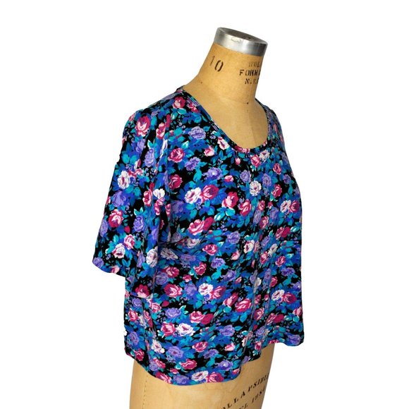Vintage 80s Floral T-Shirt Crop Boxy Top Large - Picture 2 of 5